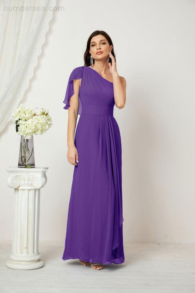 Abito da Sera Formale A-line con Spalla Singola e Balze in Chiffon, Spacco Laterale, per Damigelle, Modello 2809