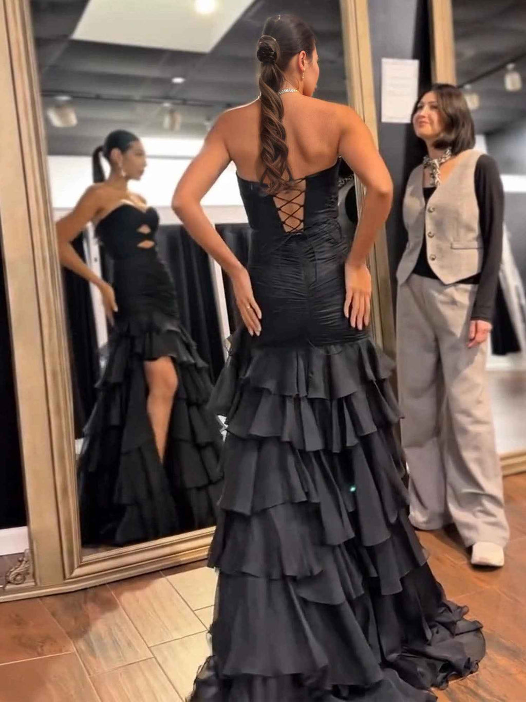 Black Tiered Hollow Out Mermaid Strapless Prom Dress 2026