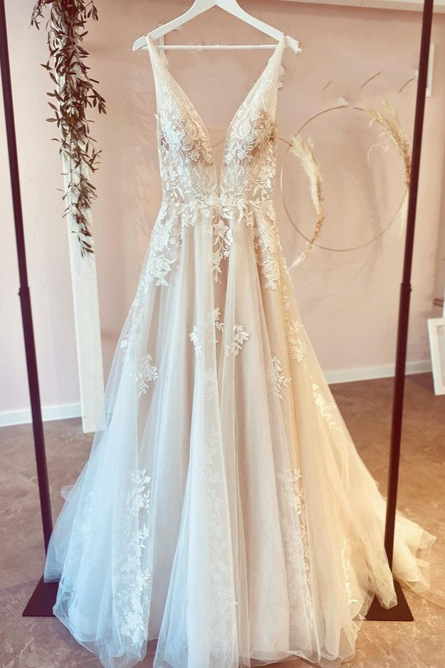 Floor Length Tulle A Line Wedding Dress With Deep V Neck And Floral Lace