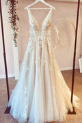 Floor Length Tulle A Line Wedding Dress With Deep V Neck And Floral Lace
