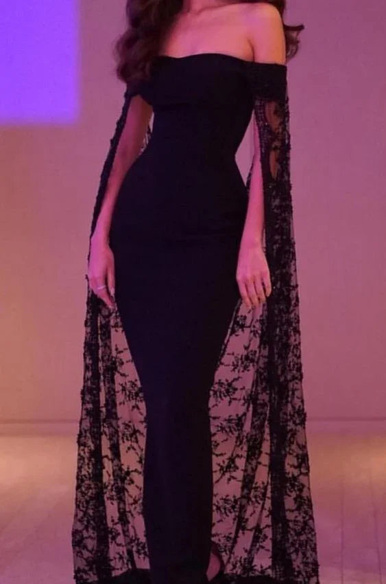 Vestido de Baile Sereia Preto com Capa Vestido de Noite Elegante Y14