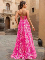 Hot Pink Sparkly Sequin A Line Floral V Neck Corset Prom Dress