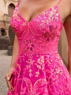 Hot Pink Sparkly Sequin A Line Floral V Neck Corset Prom Dress