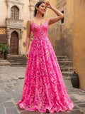 Hot Pink Sparkly Sequin A Line Floral V Neck Corset Prom Dress