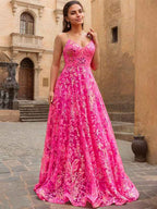 Hot Pink Sparkly Sequin A Line Floral V Neck Corset Prom Dress