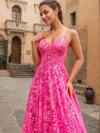 Hot Pink Sparkly Sequin A Line Floral V Neck Corset Prom Dress