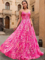 Hot Pink Sparkly Sequin A Line Floral V Neck Corset Prom Dress