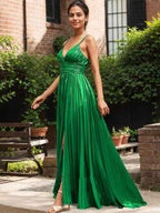 Emerald Green Metallic Pleated V Neck Corset Prom Dress