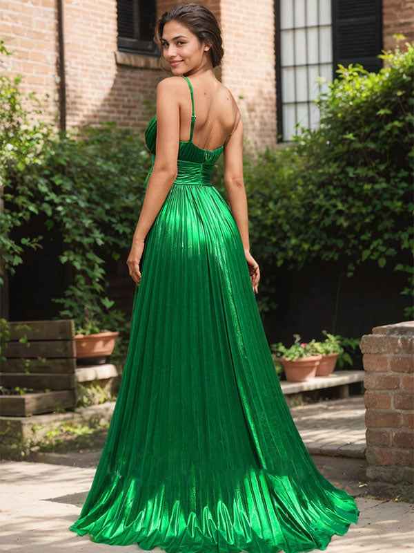 Emerald Green Metallic Pleated V Neck Corset Prom Dress