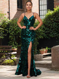 Sparkly Sequin V Neck Mermaid Maxi Dress With Crisscross Back And Slit
