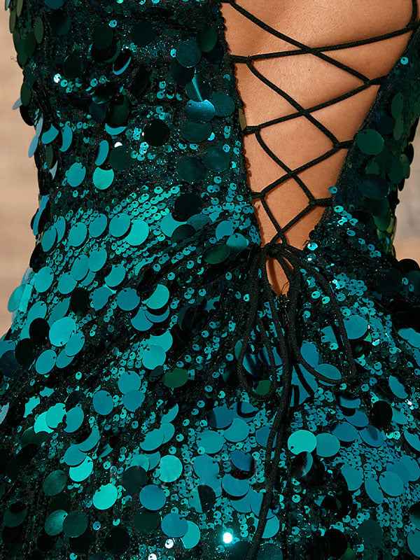 Sparkly Sequin V Neck Mermaid Maxi Dress With Crisscross Back And Slit