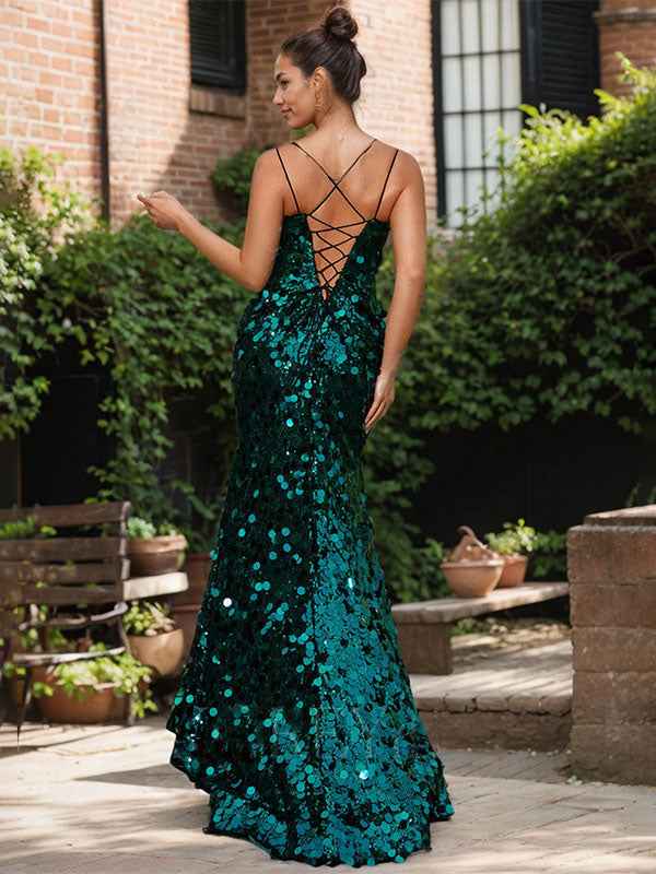 Sparkly Sequin V Neck Mermaid Maxi Dress With Crisscross Back And Slit