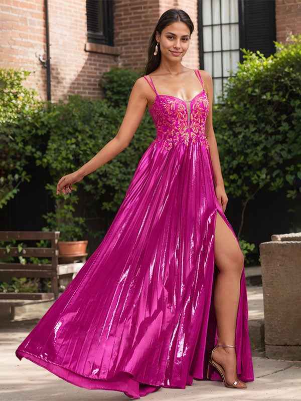 Fuchsia Lace Applique Sweetheart Corset Pleated Prom Dress