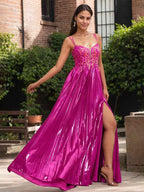 Fuchsia Lace Applique Sweetheart Corset Pleated Prom Dress