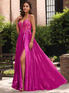 Fuchsia Lace Applique Sweetheart Corset Pleated Prom Dress