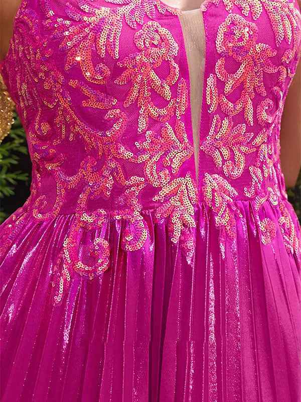 Fuchsia Lace Applique Sweetheart Corset Pleated Prom Dress