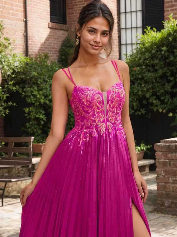 Fuchsia Lace Applique Sweetheart Corset Pleated Prom Dress