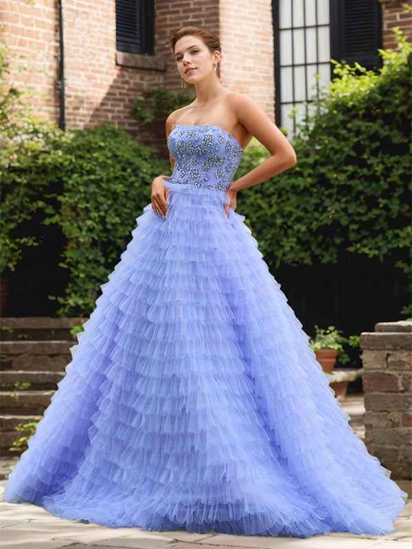 Light Blue A Line Ruffled Tulle Prom Dress