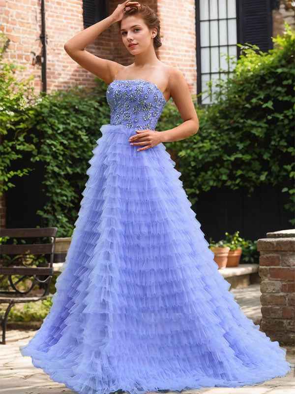 Light Blue A Line Ruffled Tulle Prom Dress