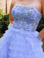 Light Blue A Line Ruffled Tulle Prom Dress