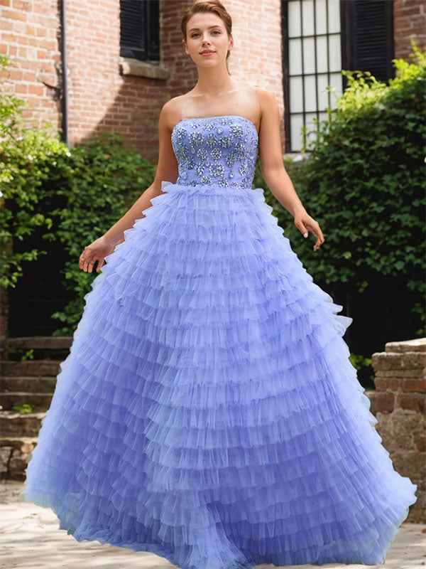 Light Blue A Line Ruffled Tulle Prom Dress