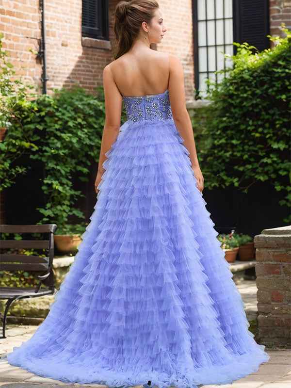 Light Blue A Line Ruffled Tulle Prom Dress