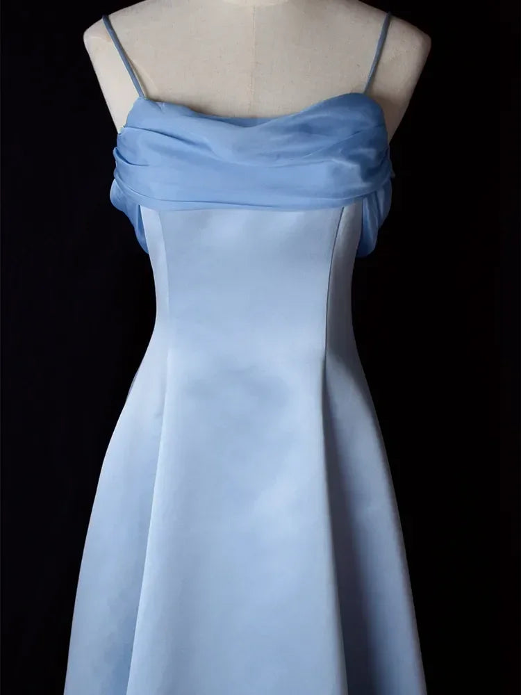 Vestido de Festa Longo em Cetim Azul Elegante com Alças Finas Estilo Linha A Vestido de Baile Y7557