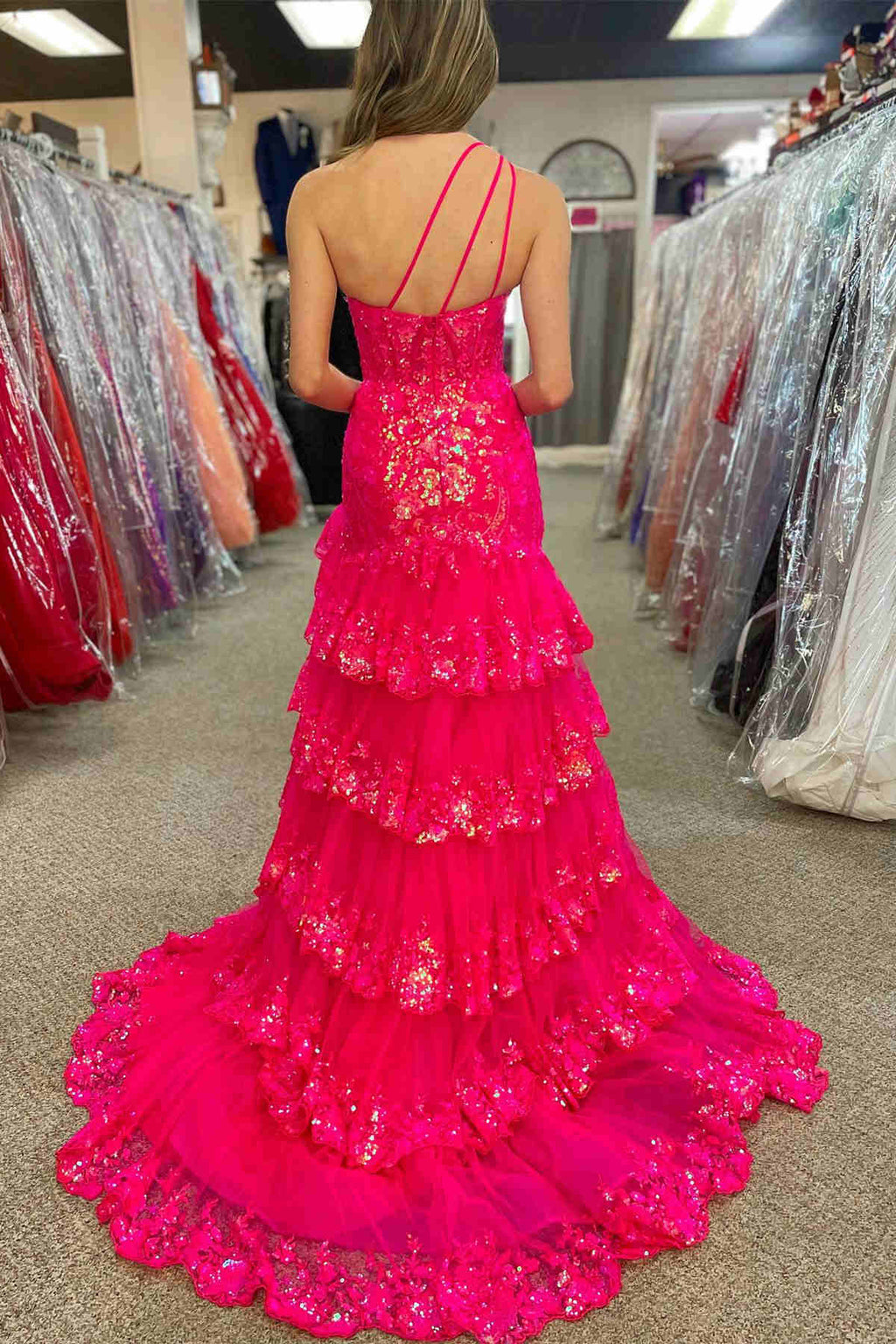 Navy Blue One Shoulder A Line Prom Dress Sparkly Polyester Lace Corset Evening Party Gown