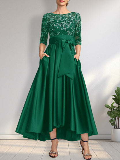 A-Linie U-Ausschnitt Illusion Asymmetrisch Satin Spitze Mutter der Braut Kleid mit Schleife