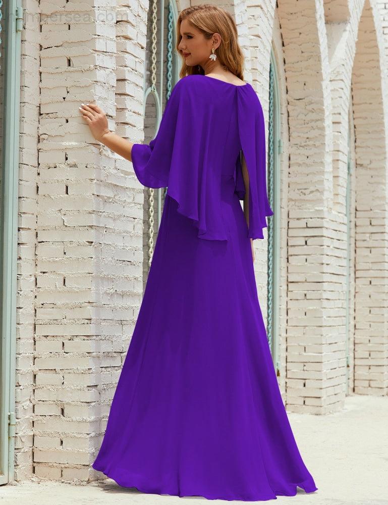 Abito da Damigella Donna Manica Lunga Scollatura a V Chiffon Abito da Cerimonia Matrimonio Festa 28018