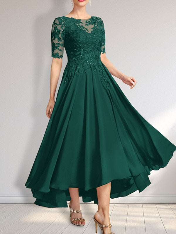 Robe de mère de la mariée en mousseline et dentelle asymétrique illusion à encolure dégagée, coupe en A, ornée de paillettes