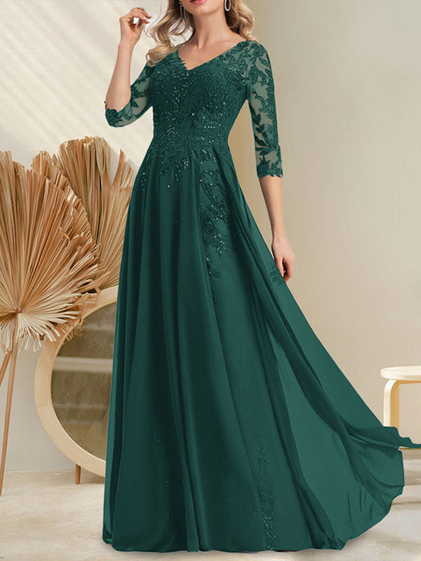 A-Linie V-Ausschnitt Bodenlanges Spitzen-Chiffon-Kleid für die Brautmutter mit Pailletten
