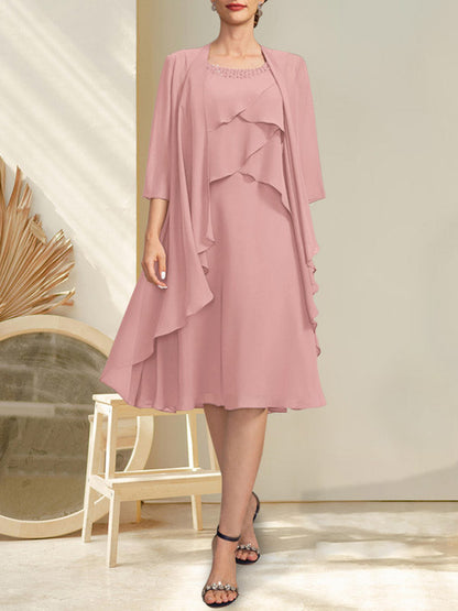 A-Linie U-Ausschnitt Knielang Chiffon Kleid für die Brautmutter mit Perlenbesatz