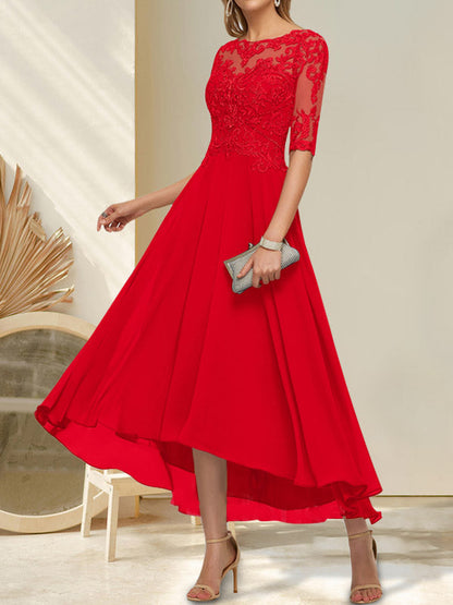 Vestido de madre de la novia de gasa asimétrica con escote barco, ilusión, encaje y lentejuelas con abalorios.