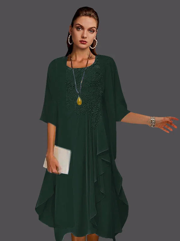 Vestidos de dos piezas con chaqueta sin mangas de encaje de gasa en línea A con pliegues y apliques