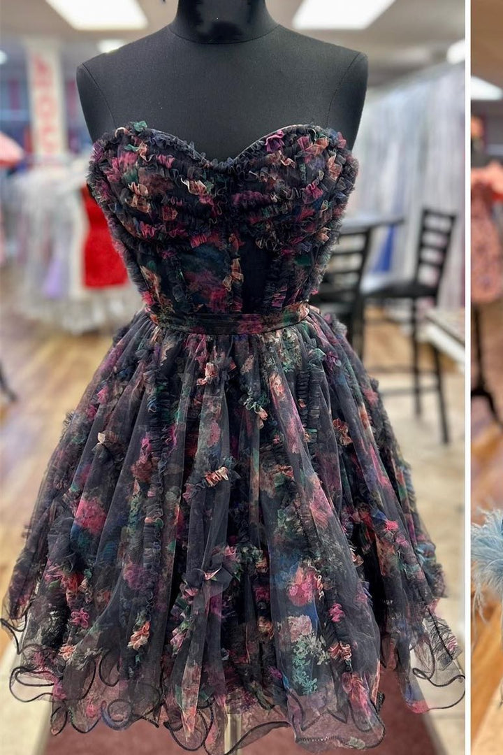 Vestido de fiesta floral sin tirantes de corte A