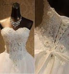 BMbridal Strapless Tulle Ball Gown Wedding Dress With Lace Appliques Sequined
