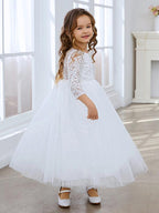 Girls Long Sleeve Peony Lace A Line Tulle Party Dress