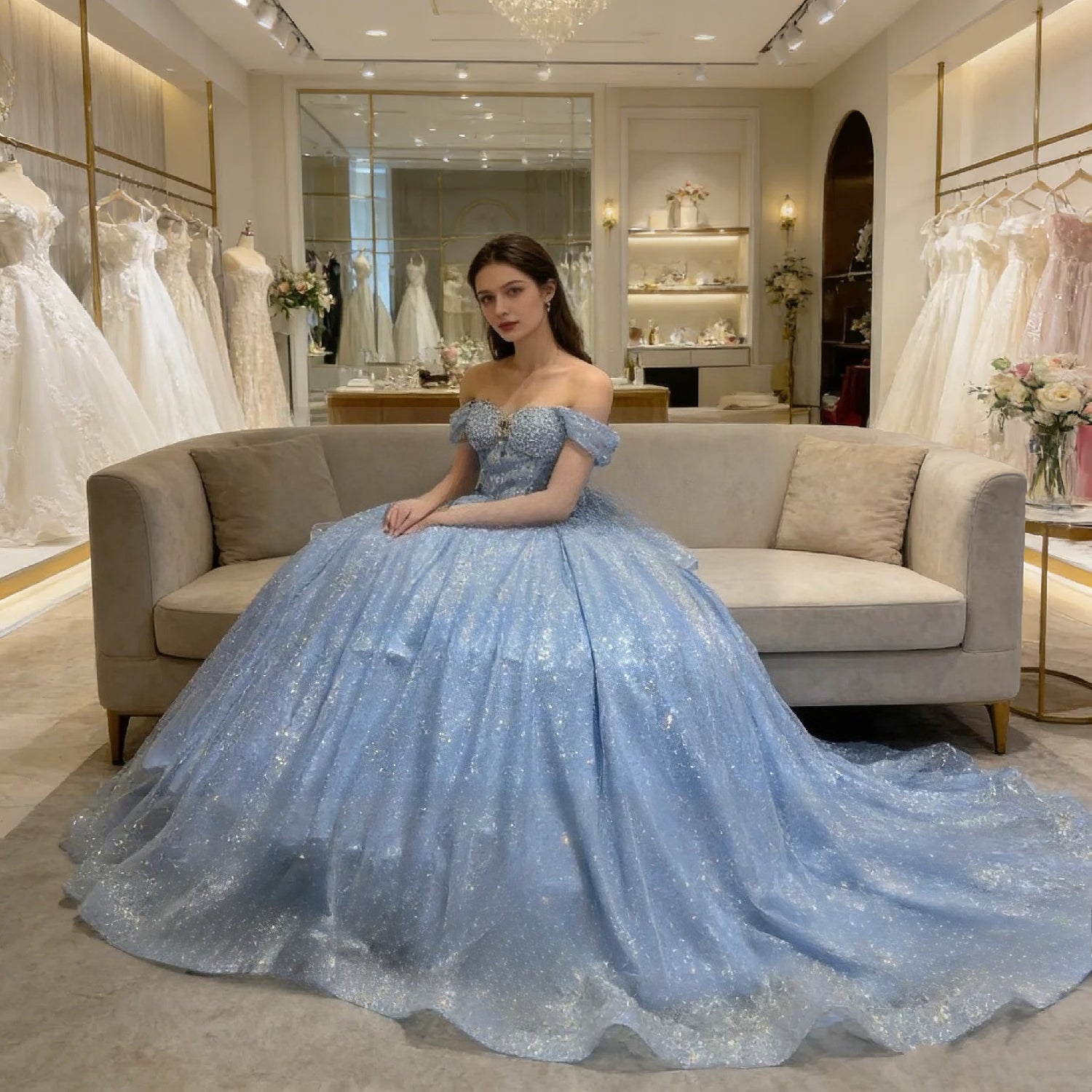 Echtes Bild Himmelblaues Kleid mit Kappenärmeln, Perlen, gestuftem Ballkleid aus Tüll, glänzend, Damen, Abschlussball, Festliche Anlässe, Quinceañera 15, Maßgeschneidert