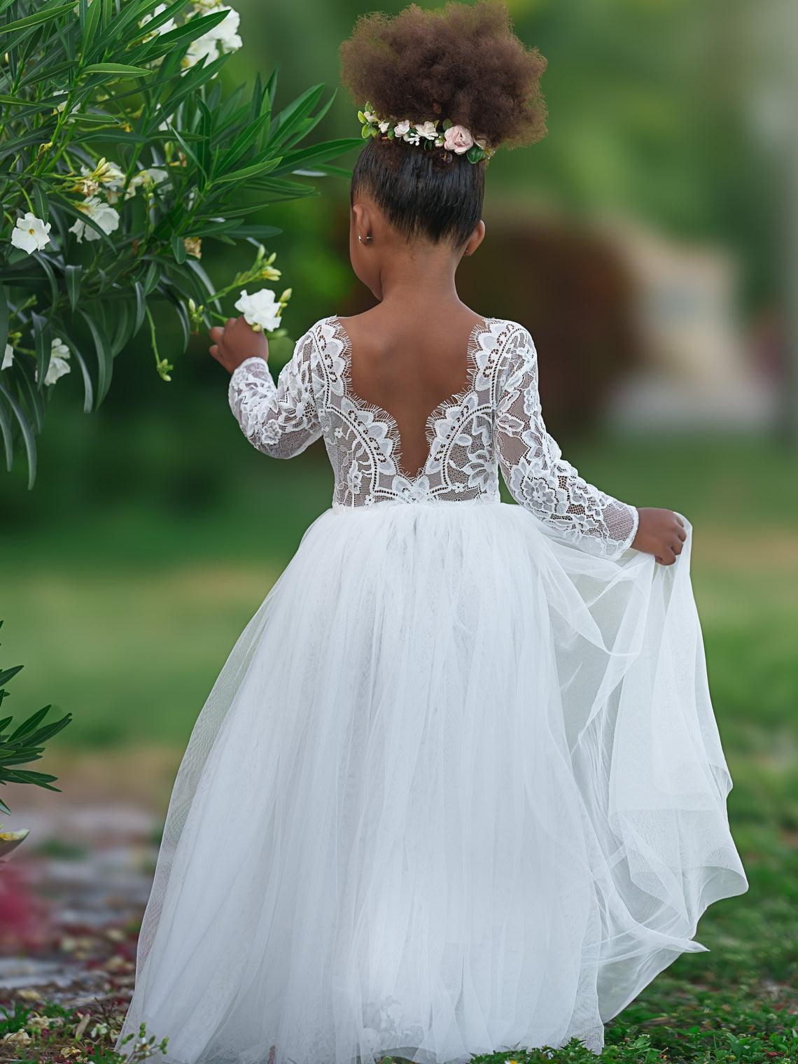 Ivory Peony Lace Long Sleeve A Line Tulle Tutu Flower Girl Party Dress