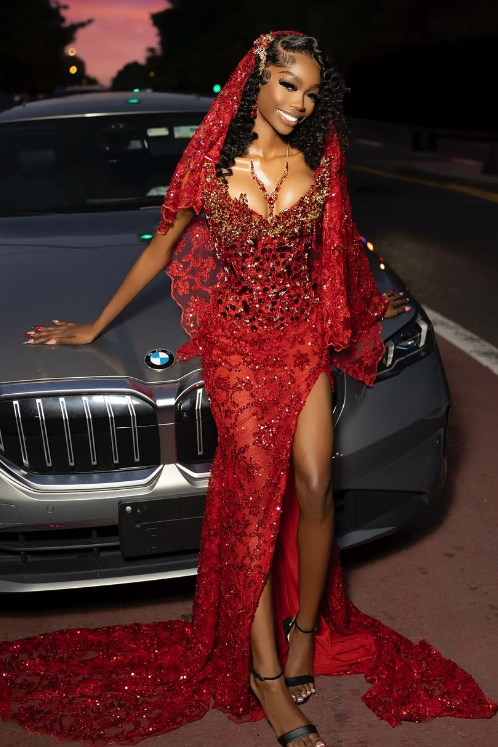Burgundy Mermaid Prom Dress with V Neck Strapless Sheath Gem High Split