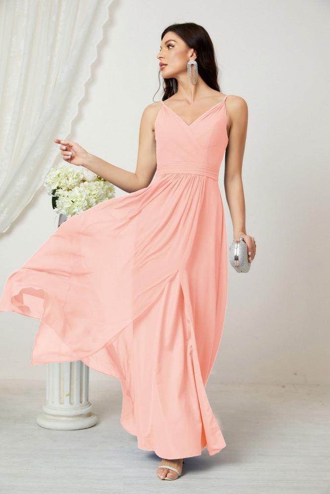 فستان وصيفة العروس من شيفون برقبة على شكل حرف V، بحمالات رفيعة، طويل، رسمي، للحفلات والسهرة مع فتحة جانبية 28010