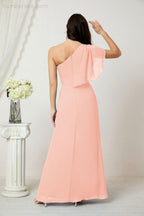 Abito da Sera Formale A-line con Spalla Singola e Balze in Chiffon, Spacco Laterale, per Damigelle, Modello 2809