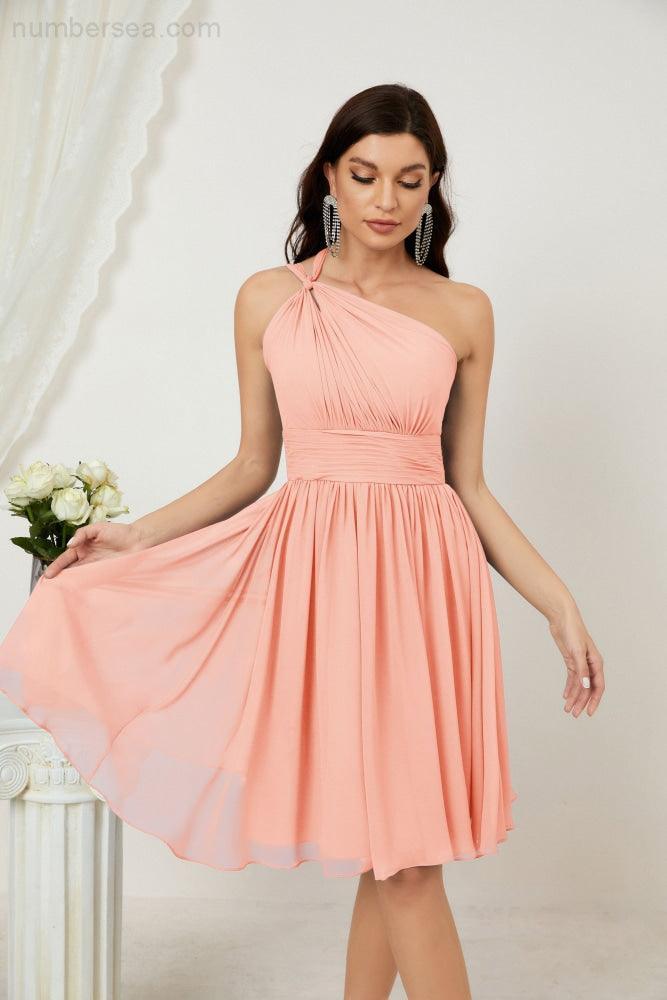 Numbersea Damen Chiffon Kurzes Ein-Schulter Brautjungfernkleid Festliche Kleider für Feier Heimkehr 2804