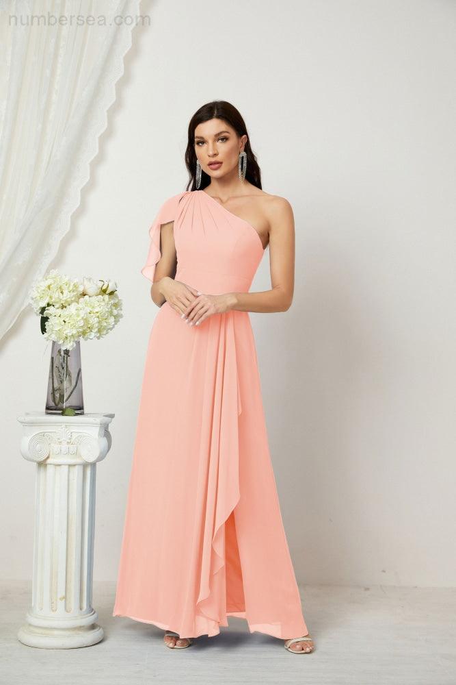 Abito da Sera Formale A-line con Spalla Singola e Balze in Chiffon, Spacco Laterale, per Damigelle, Modello 2809
