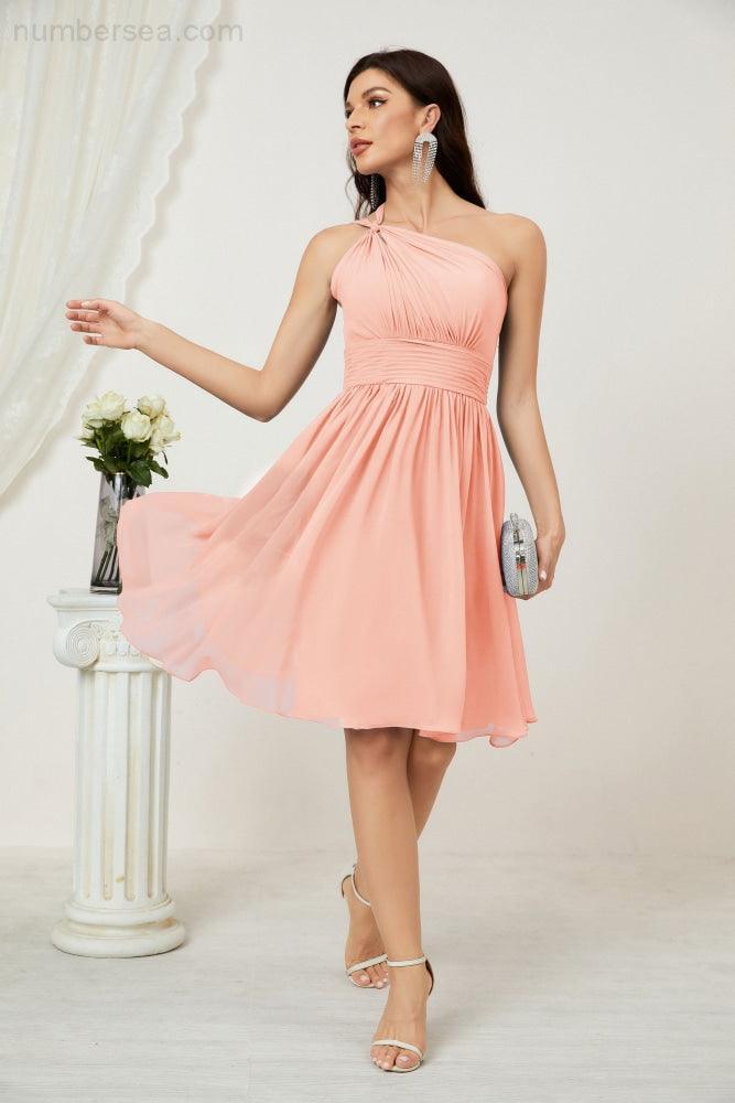 Numbersea Damen Chiffon Kurzes Ein-Schulter Brautjungfernkleid Festliche Kleider für Feier Heimkehr 2804