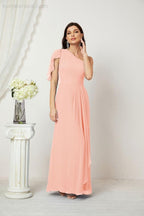 Abito da Sera Formale A-line con Spalla Singola e Balze in Chiffon, Spacco Laterale, per Damigelle, Modello 2809