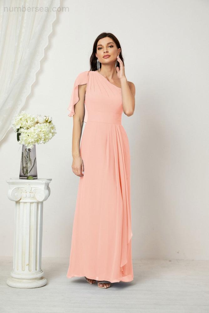 Abito da Sera Formale A-line con Spalla Singola e Balze in Chiffon, Spacco Laterale, per Damigelle, Modello 2809