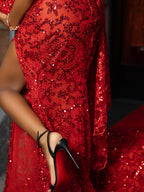 Burgundy Mermaid Prom Dress with V Neck Strapless Sheath Gem High Split