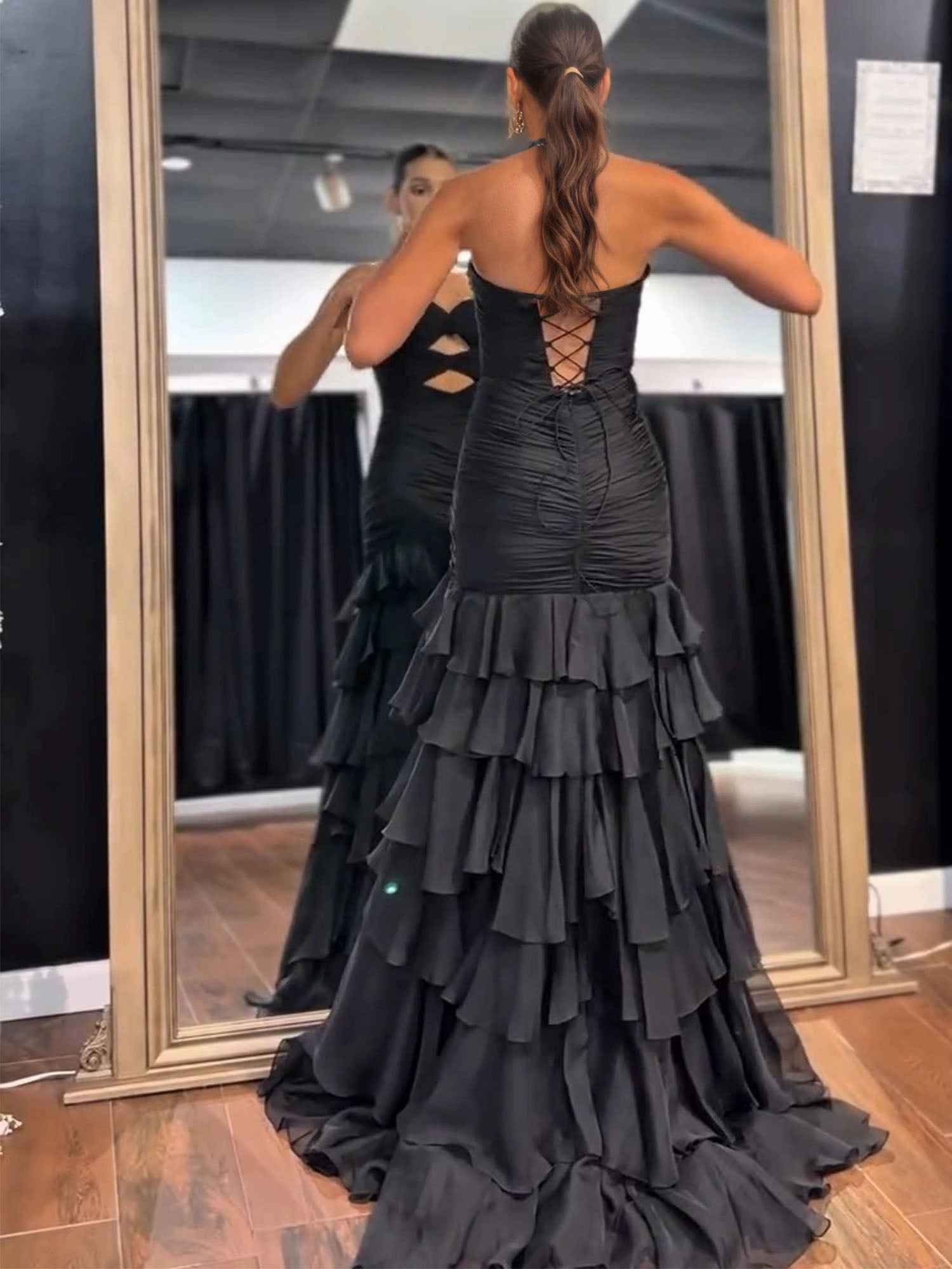 Black Tiered Hollow Out Mermaid Strapless Prom Dress 2026